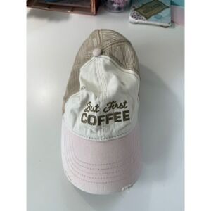 But First COFFEE Trucker Hat Pink Tan Mesh Distressed Baseball Cap Adjustable OS